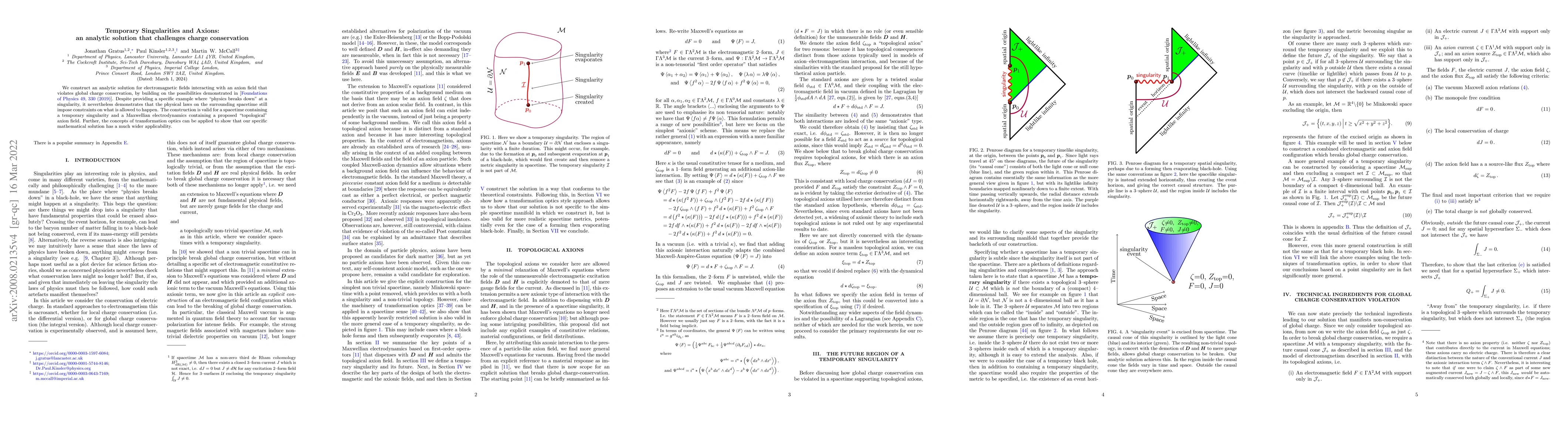 Thumbnail for Temporary Singularities and Axions: an analytic solution that challenges
  charge conservation