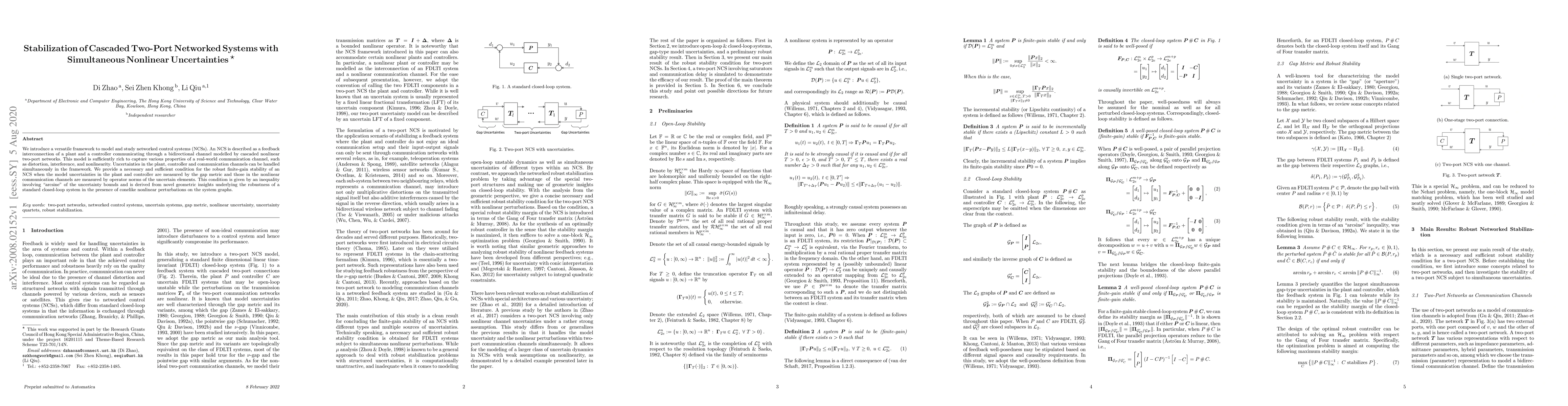 Thumbnail for Stabilization of Cascaded Two-Port Networked Systems with Simultaneous
  Nonlinear Uncertainties