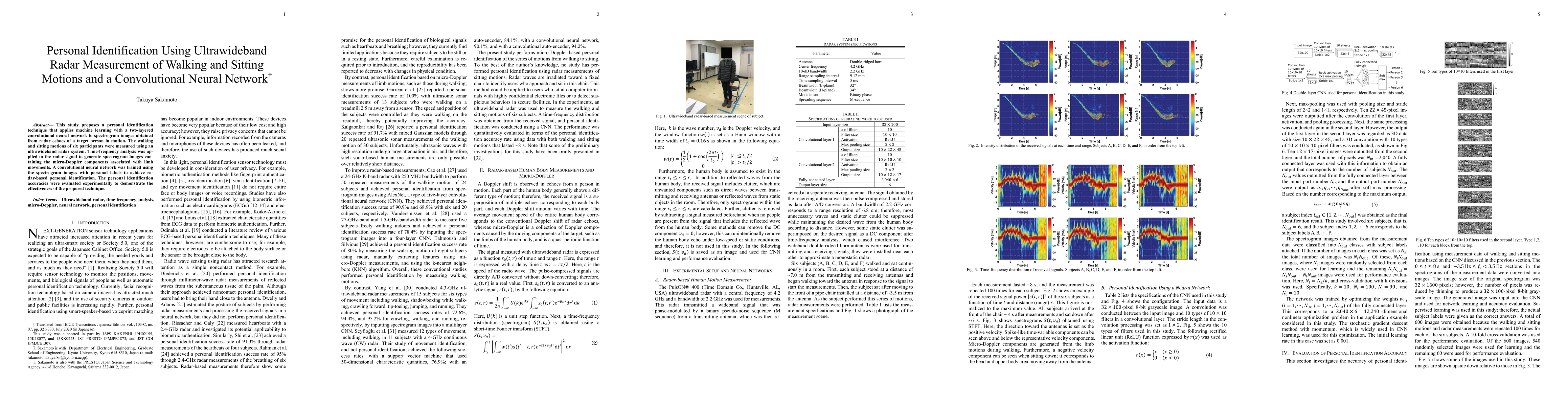 Thumbnail for Personal Identification Using Ultrawideband Radar Measurement of Walking
  and Sitting Motions and a Convolutional Neural Network