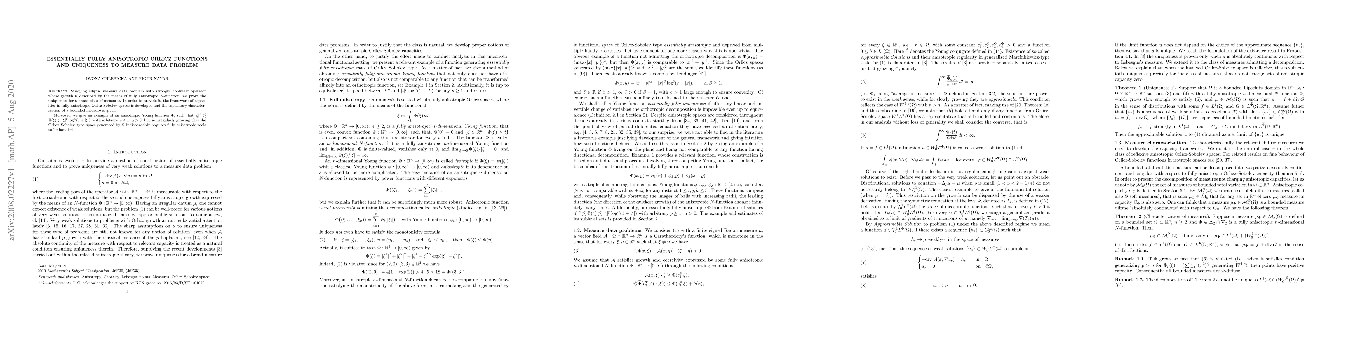 Thumbnail for Essentially fully anisotropic Orlicz functions and uniqueness to measure
  data problem
