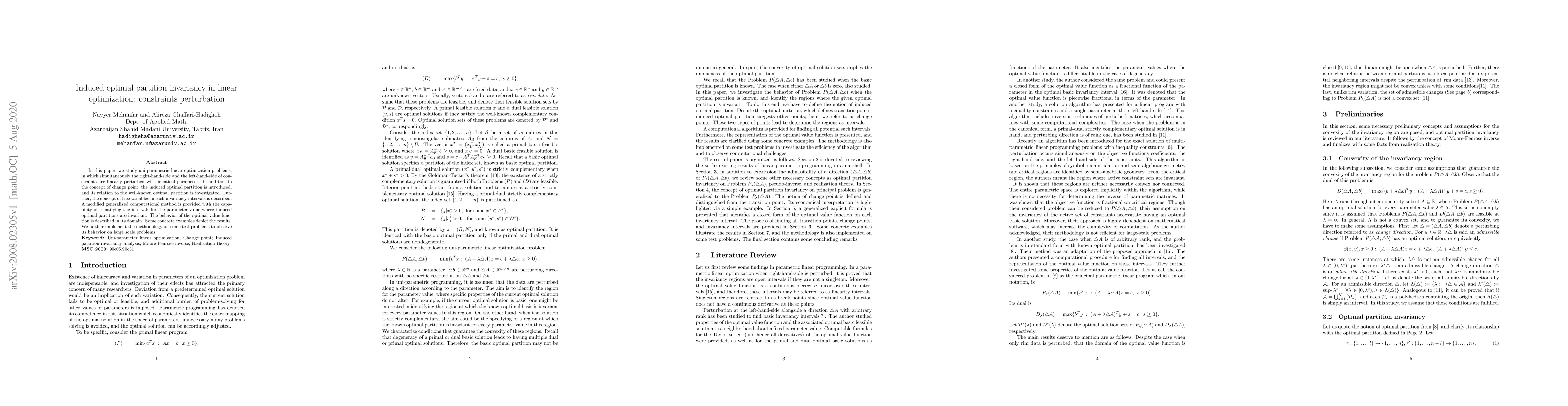 Thumbnail for Induced optimal partition invariancy in linear optimization: constraints
  perturbation