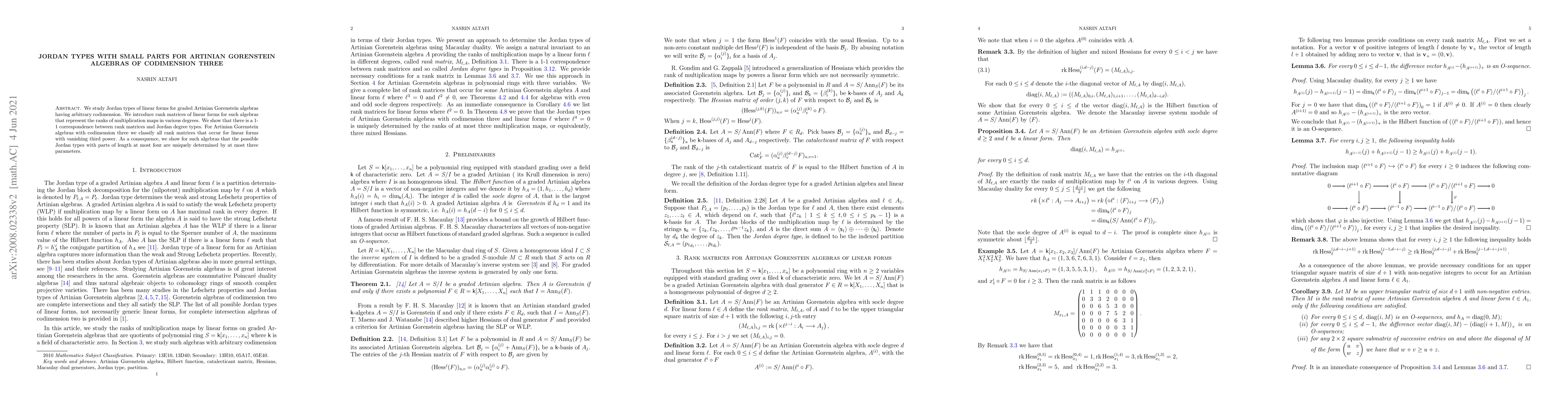 Thumbnail for Jordan types with small parts for Artinian Gorenstein algebras of
  codimension three
