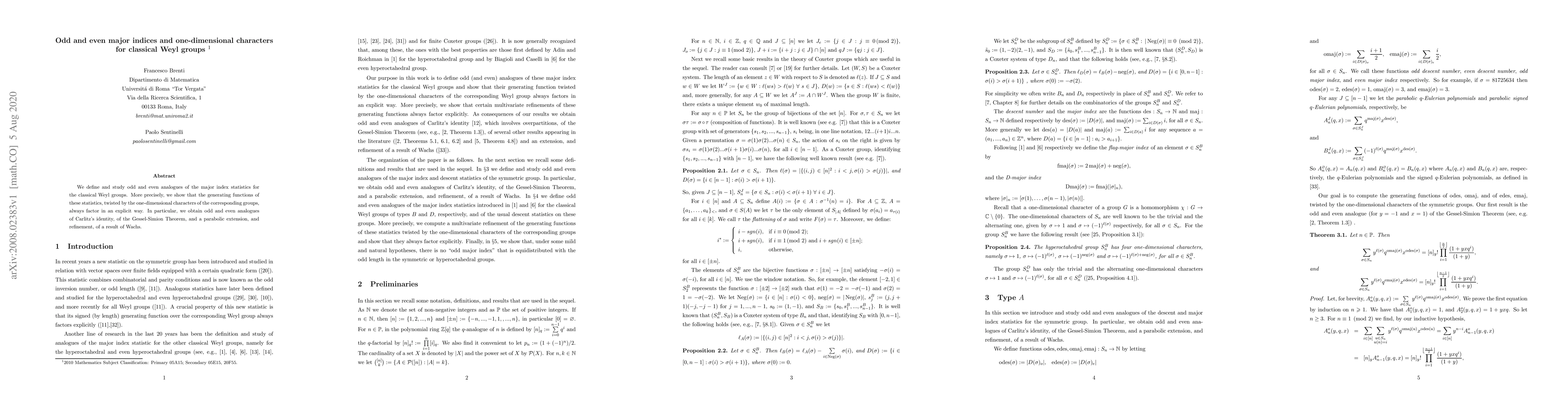 Thumbnail for Odd and even major indices and one-dimensional characters for classical
  Weyl groups