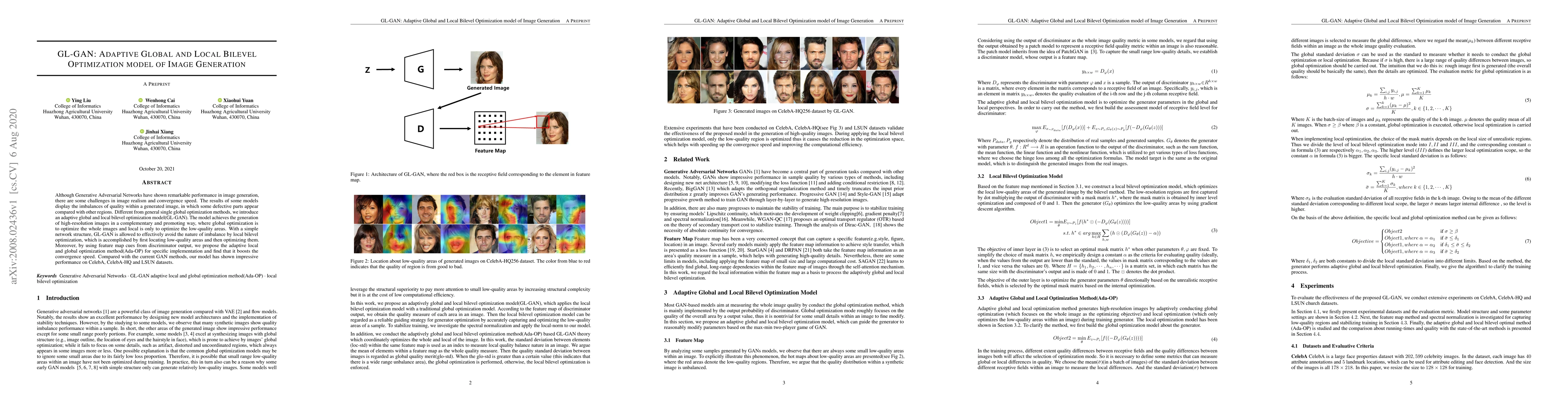 Thumbnail for GL-GAN: Adaptive Global and Local Bilevel Optimization model of Image
  Generation