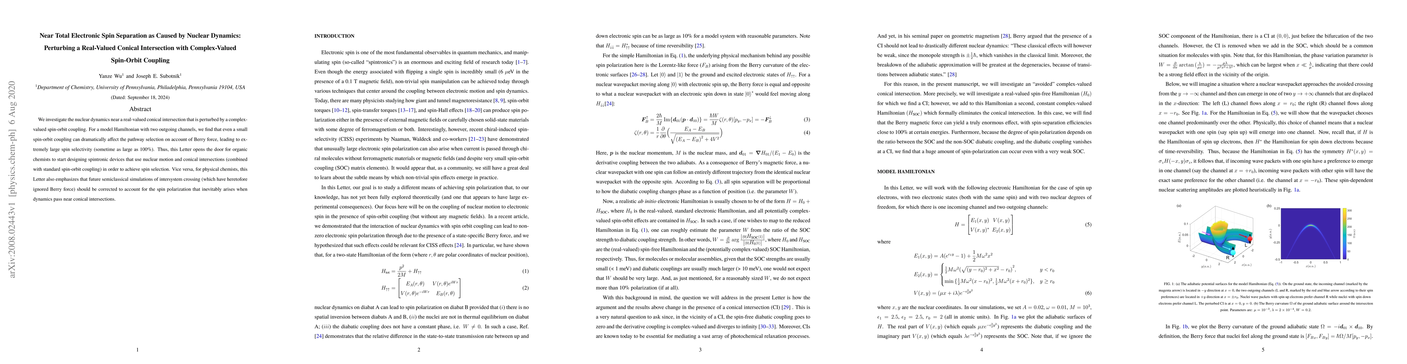 Thumbnail for Near Total Electronic Spin Separation as Caused by Nuclear Dynamics:
  Perturbing a Real-Valued Conical Intersection with Complex-Valued Spin-Orbit
  Coupling