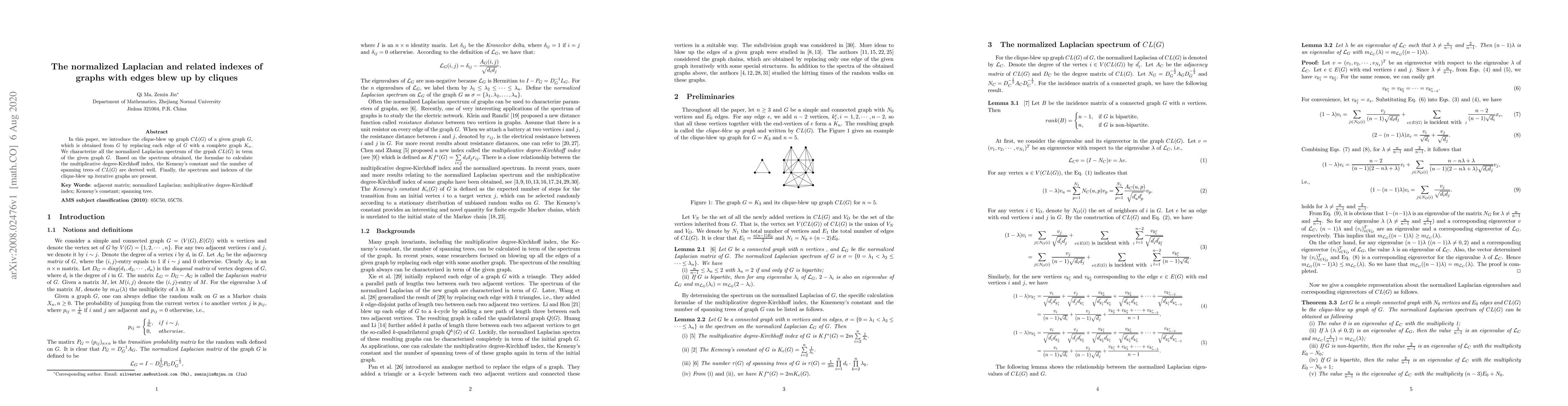 Thumbnail for The normalized Laplacian and related indexes of graphs with edges blew
  up by cliques