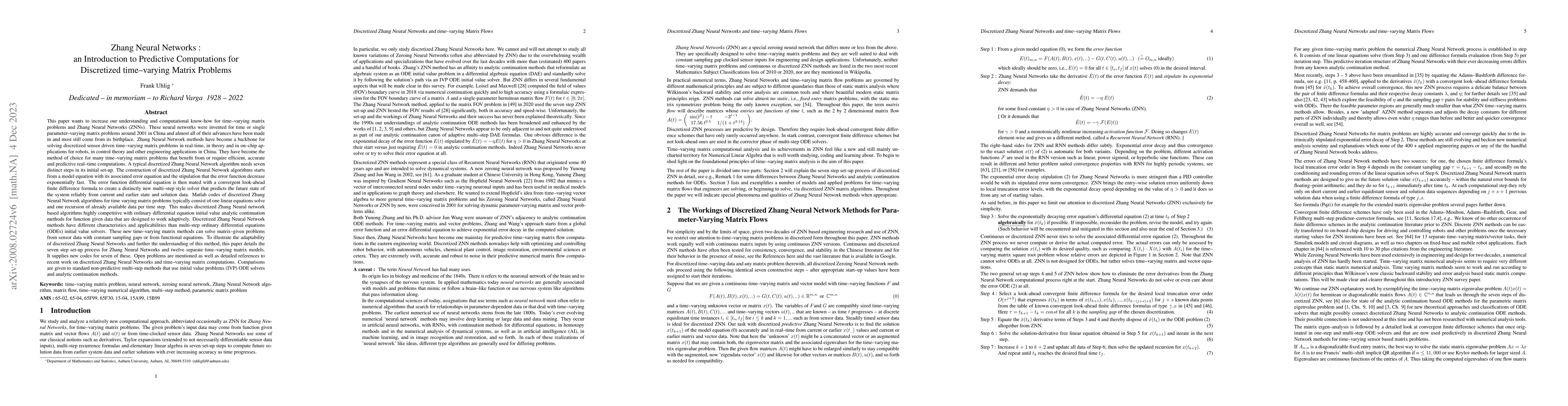 Thumbnail for Zeroing Neural Networks : an Introduction to Predictive Computations for
  Time-varying Matrix Problems via ZNN