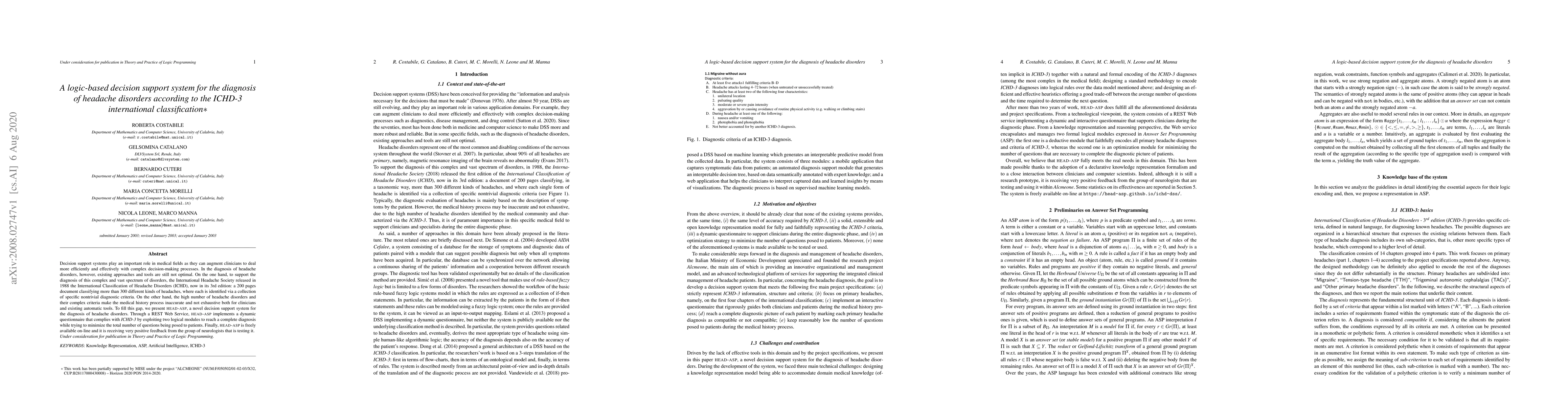 Thumbnail for A logic-based decision support system for the diagnosis of headache
  disorders according to the ICHD-3 international classification