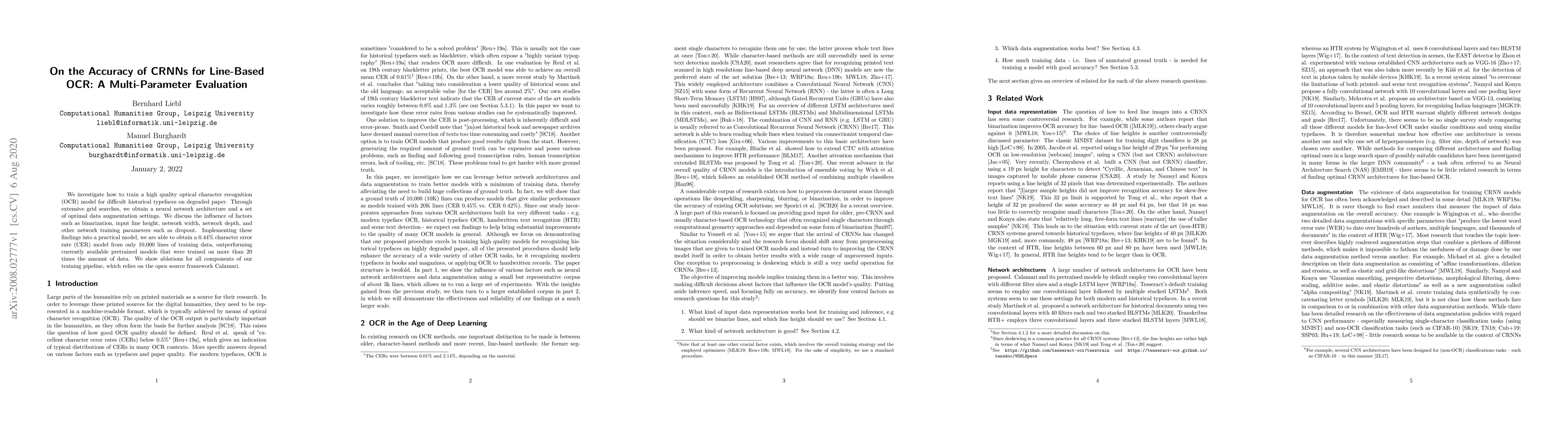 Thumbnail for On the Accuracy of CRNNs for Line-Based OCR: A Multi-Parameter
  Evaluation