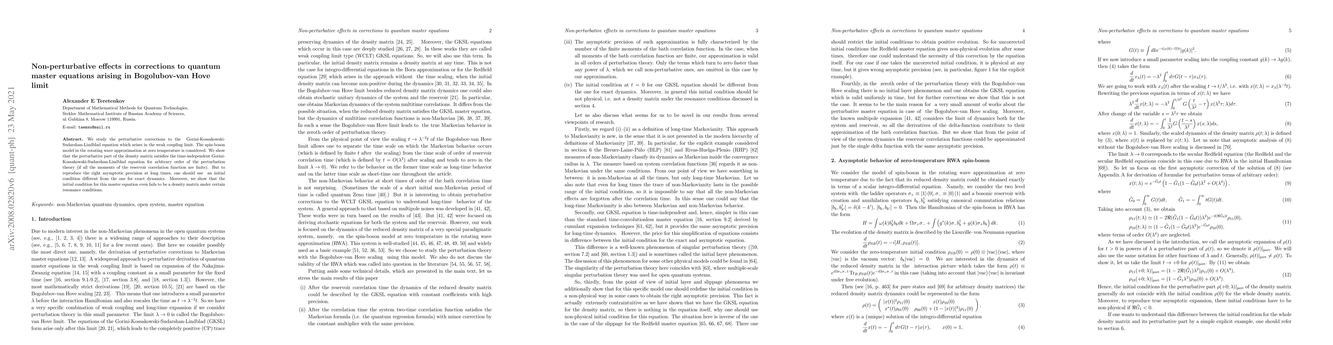 Thumbnail for Non-perturbative effects in corrections to quantum master equation
  arising in Bogolubov-van Hove limit