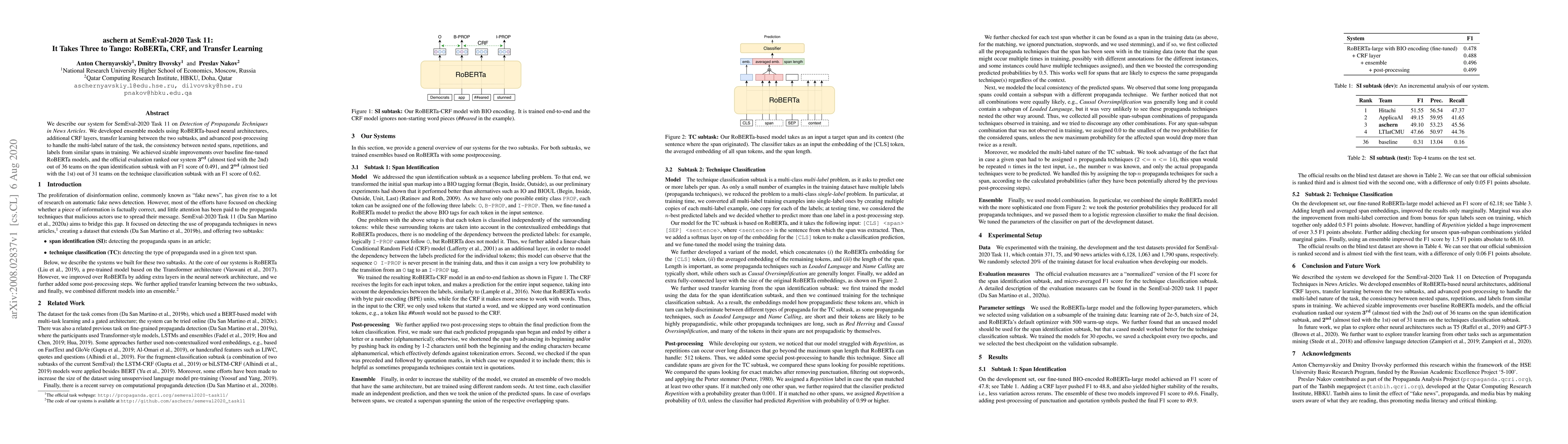 Thumbnail for aschern at SemEval-2020 Task 11: It Takes Three to Tango: RoBERTa, CRF,
  and Transfer Learning