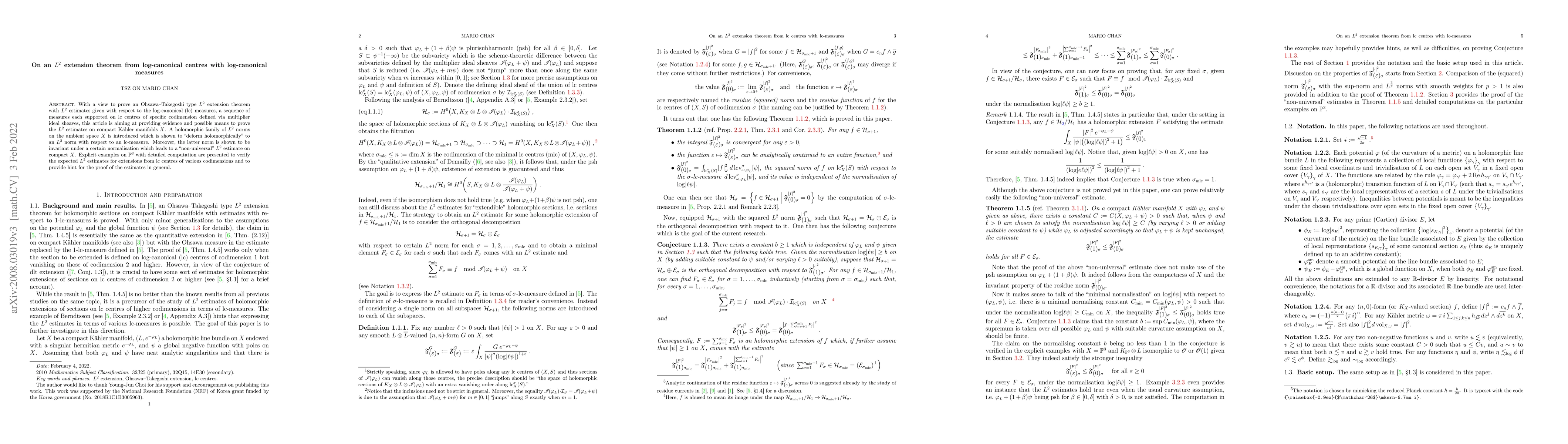 Thumbnail for On an $L^2$ extension theorem from log-canonical centres with
  log-canonical measures
