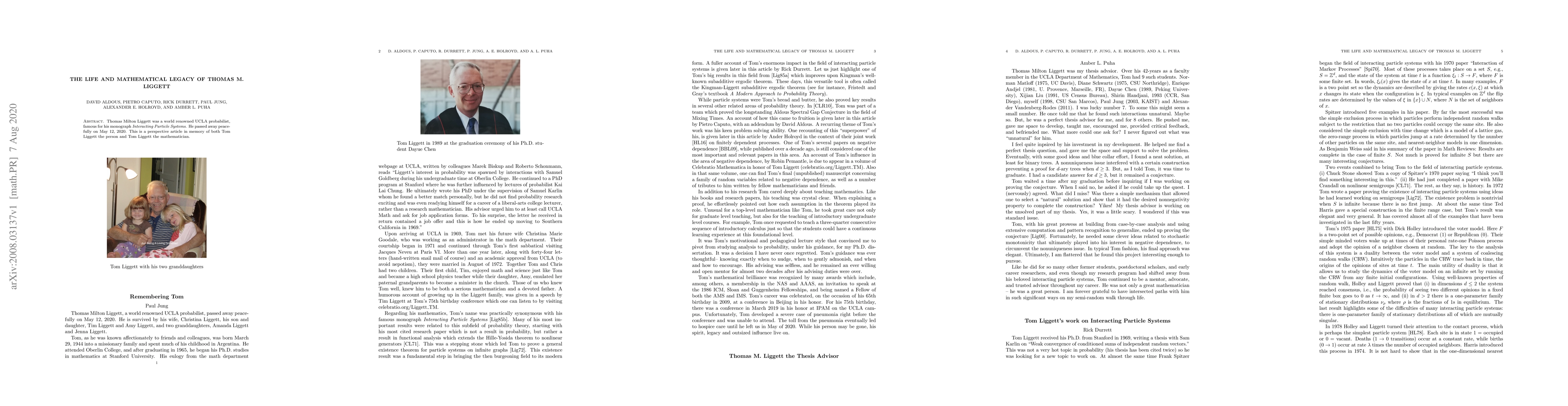 Thumbnail for The Life and Mathematical Legacy of Thomas M. Liggett