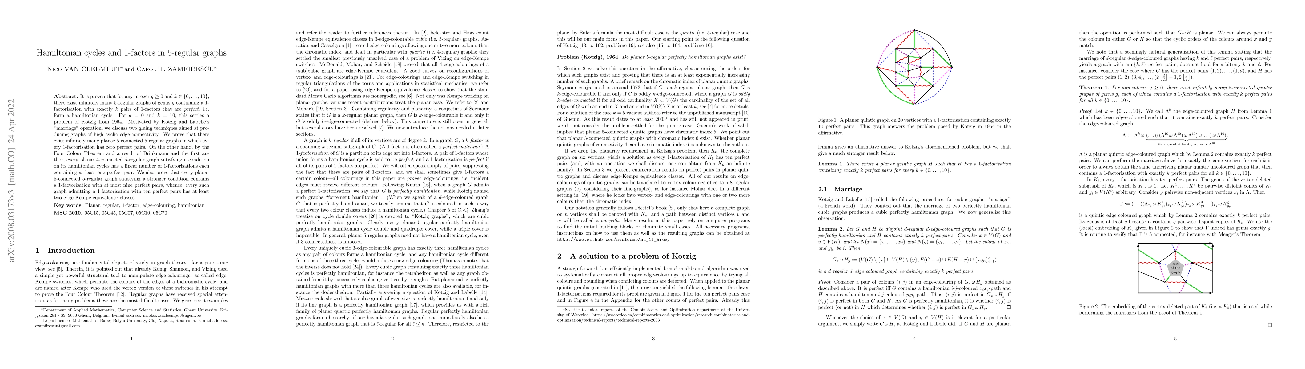 Thumbnail for Hamiltonian cycles and 1-factors in 5-regular graphs