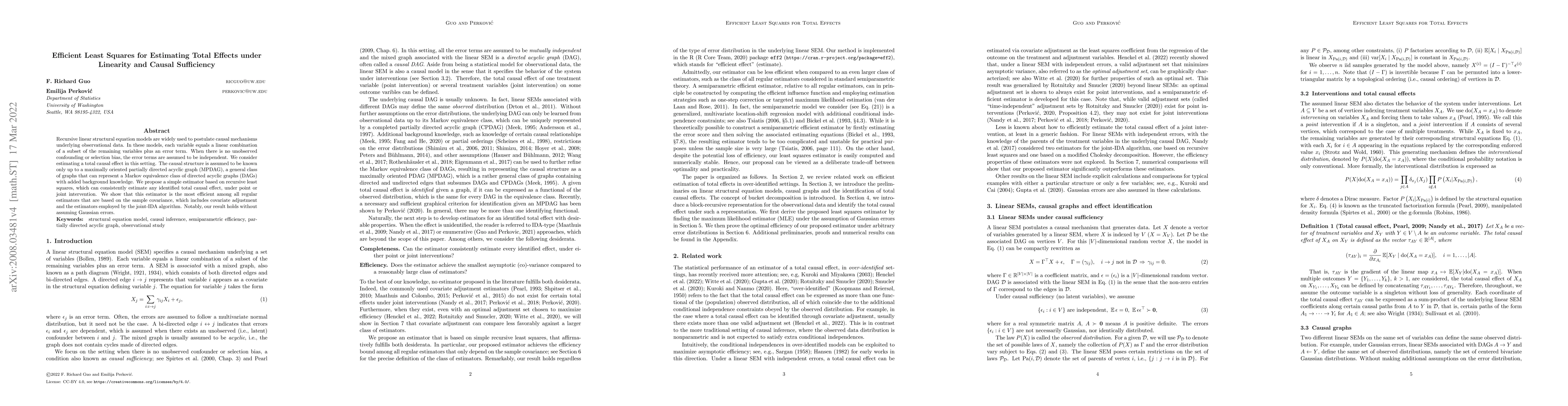 Thumbnail for Efficient least squares for estimating total effects under linearity and
  causal sufficiency