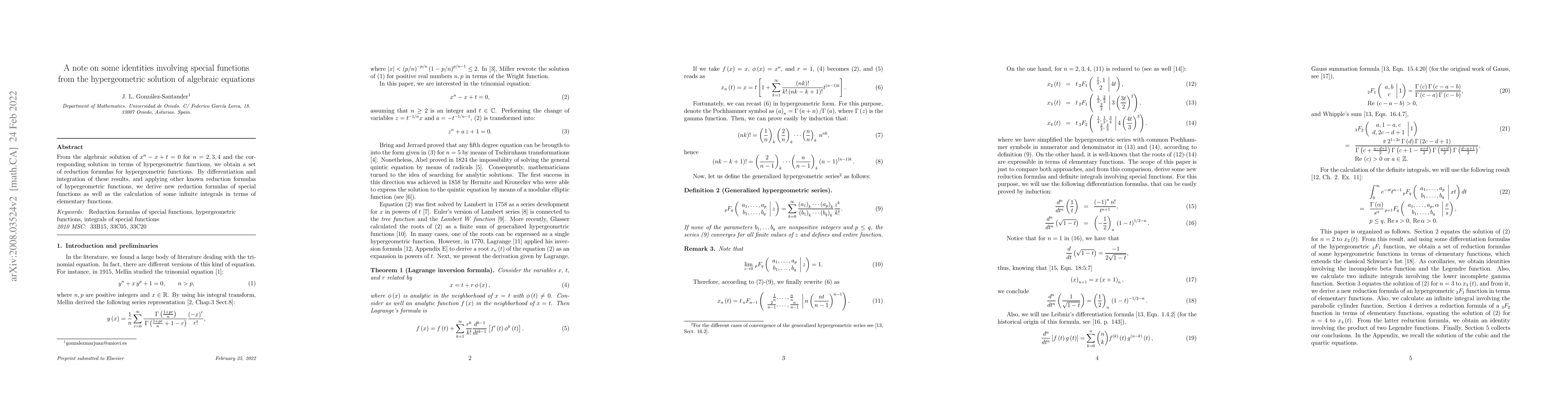 Thumbnail for A note on some identities involving special functions from the
  hypergeometric solution of algebraic equations