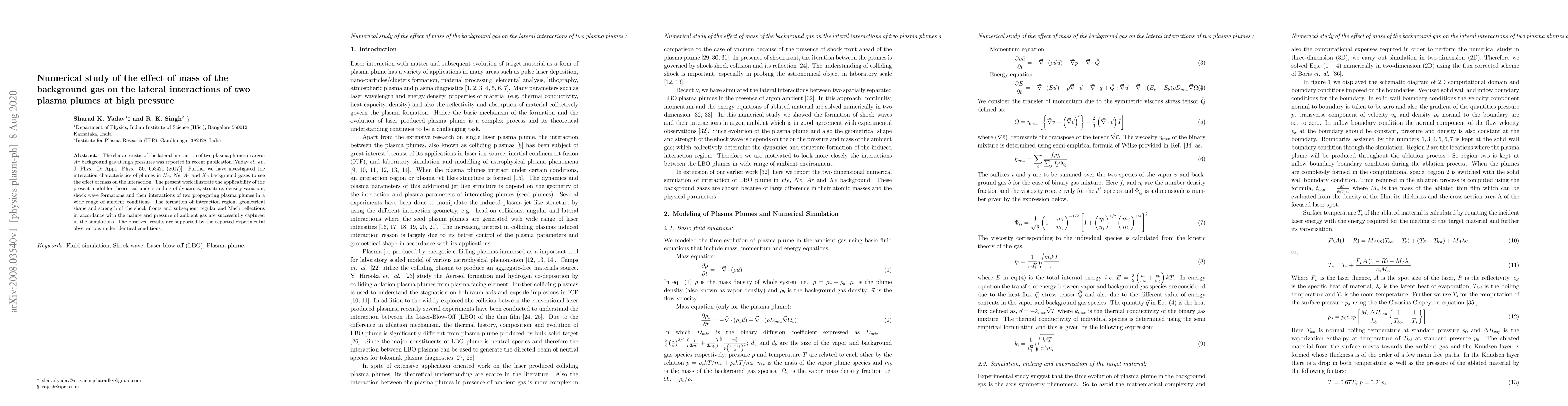 Thumbnail for Numerical study of the effect of mass of the background gas on the
  lateral interactions of two plasma plumes at high pressure