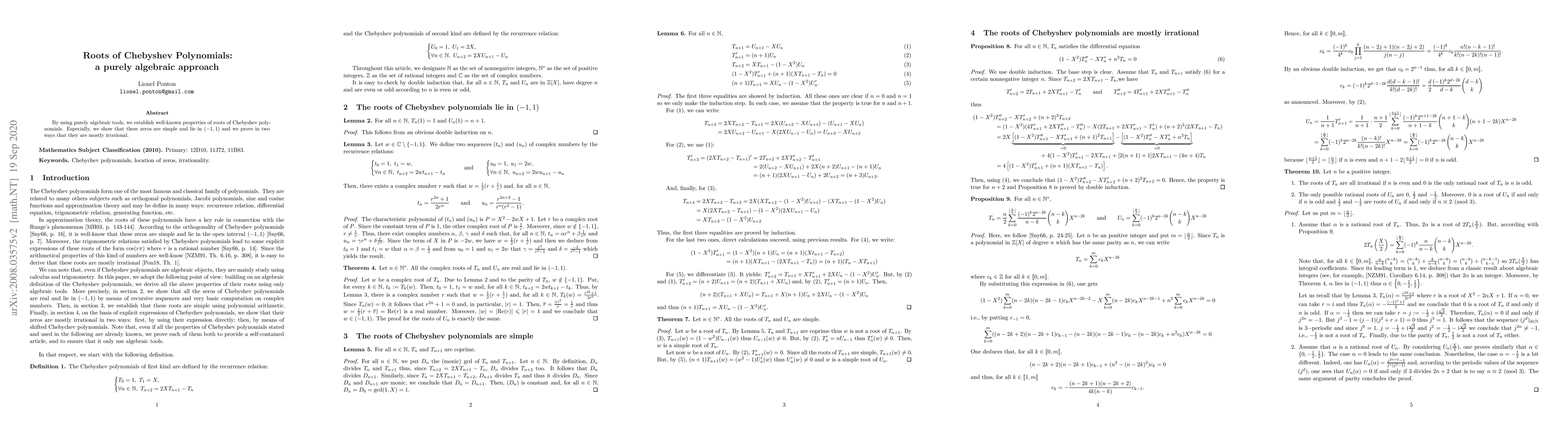 Thumbnail for Roots of Chebyshev Polynomials: a purely algebraic approach