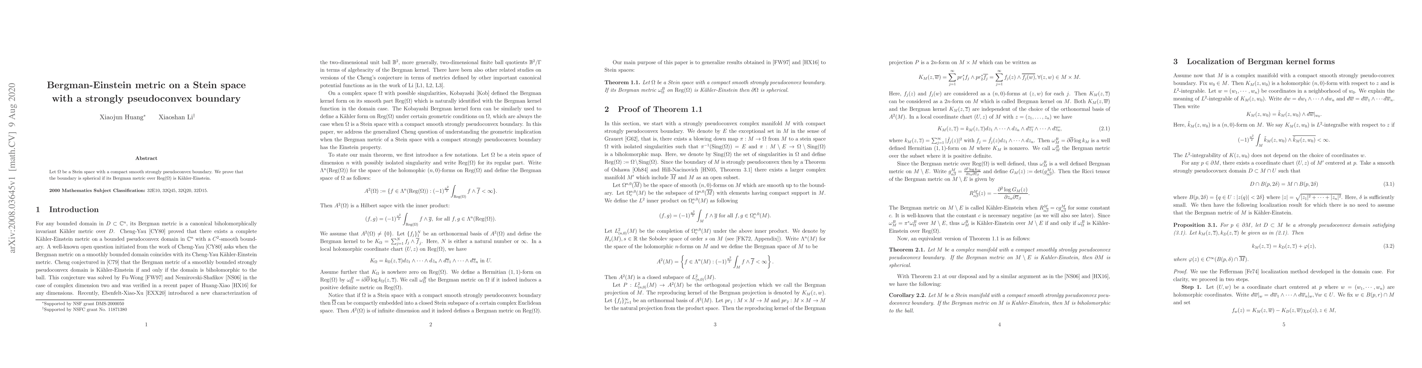Thumbnail for Bergman-Einstein metric on a Stein space with a strongly pseudoconvex
  boundary