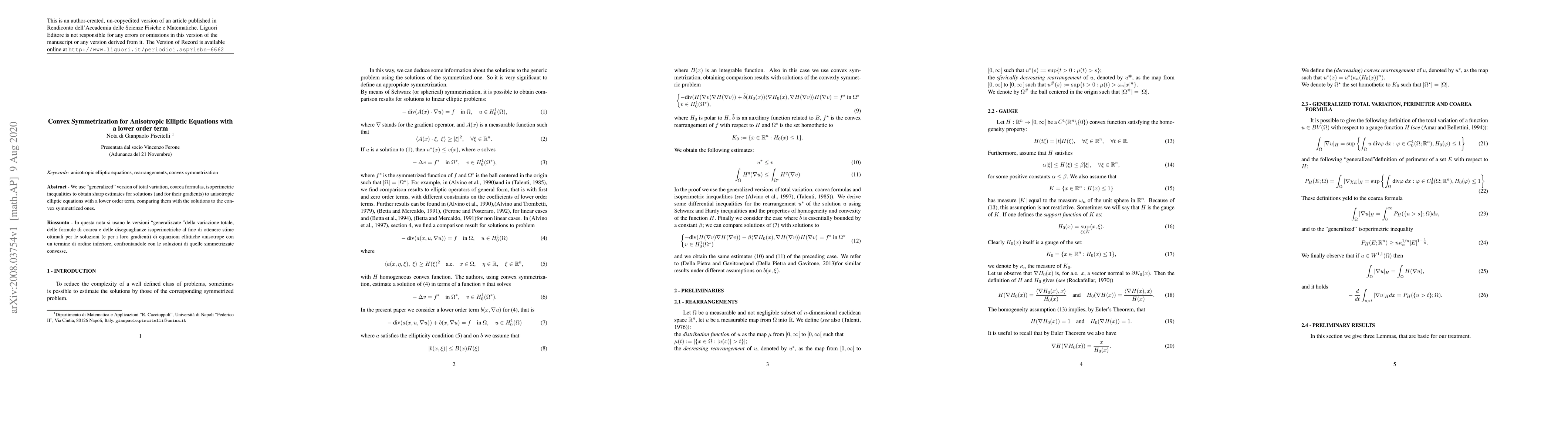 Thumbnail for Convex Symmetrization for Anisotropic Elliptic Equations with a lower
  order term