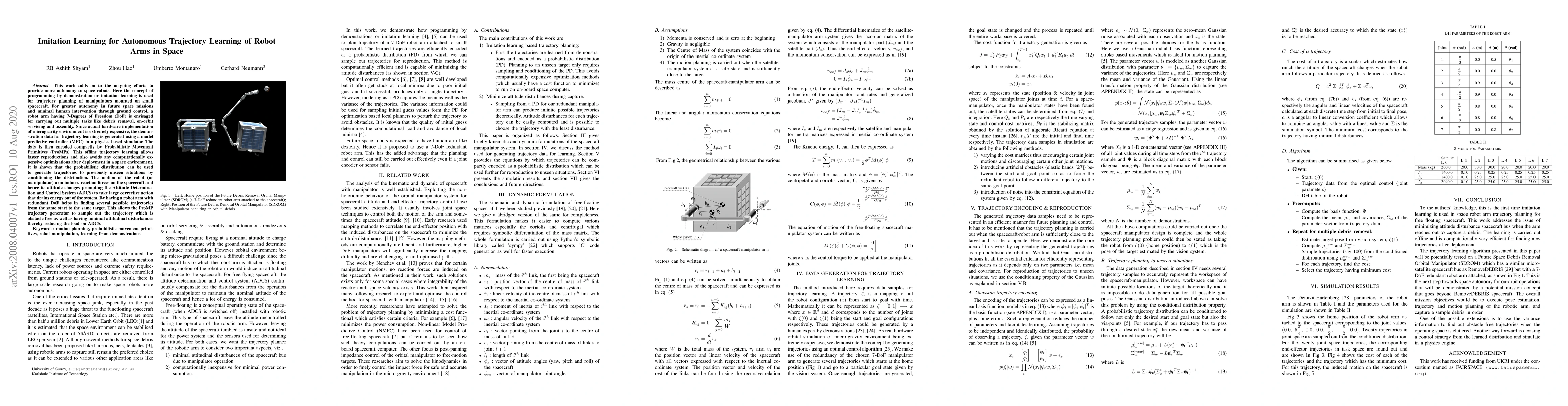 Thumbnail for Imitation Learning for Autonomous Trajectory Learning of Robot Arms in
  Space