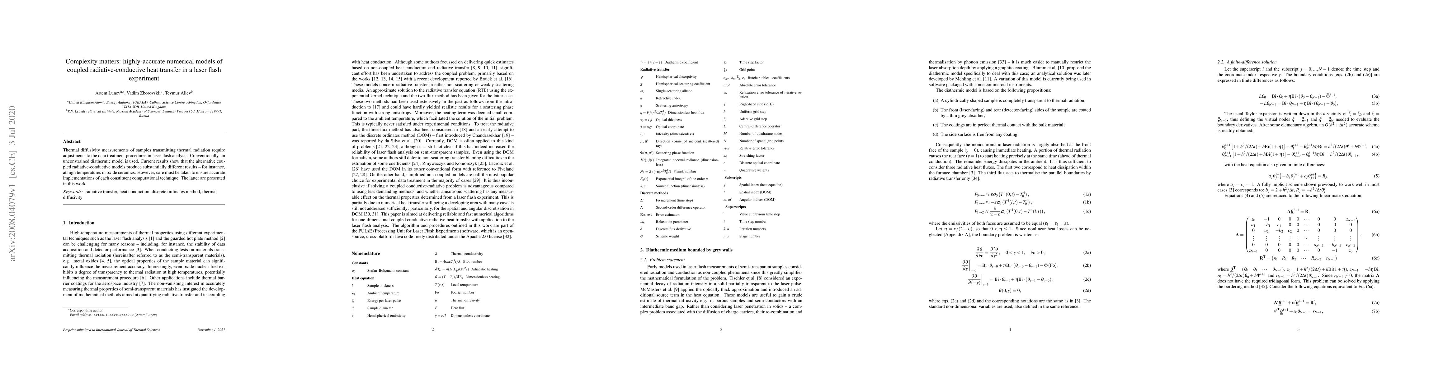 Thumbnail for Complexity matters: highly-accurate numerical models of coupled
  radiative-conductive heat transfer in a laser flash experiment