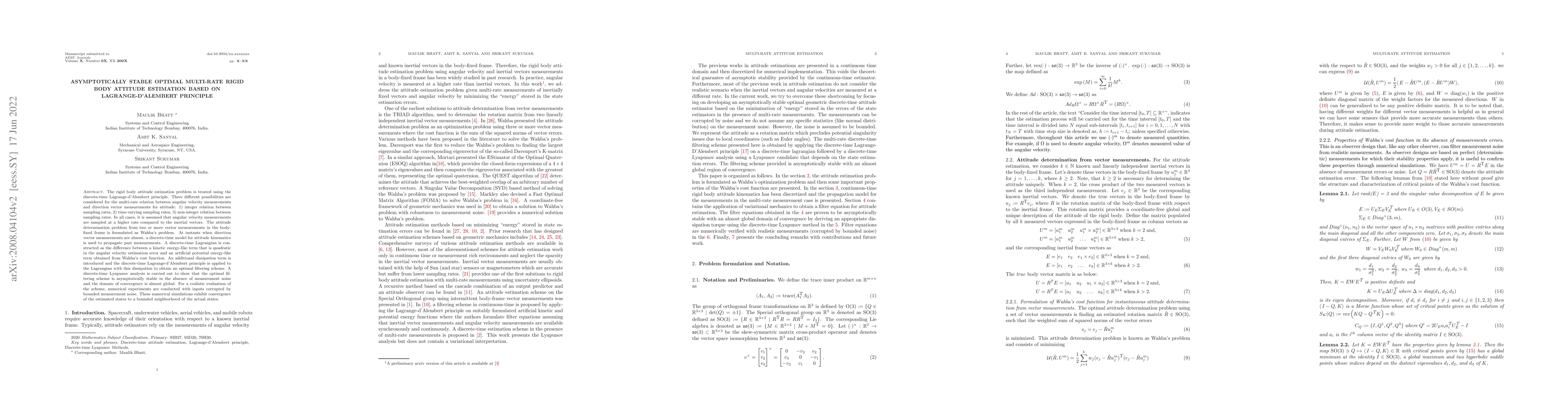 Thumbnail for Asymptotically Stable Optimal Multi-rate Rigid Body Attitude Estimation
  based on Lagrange-d'Alembert Principle