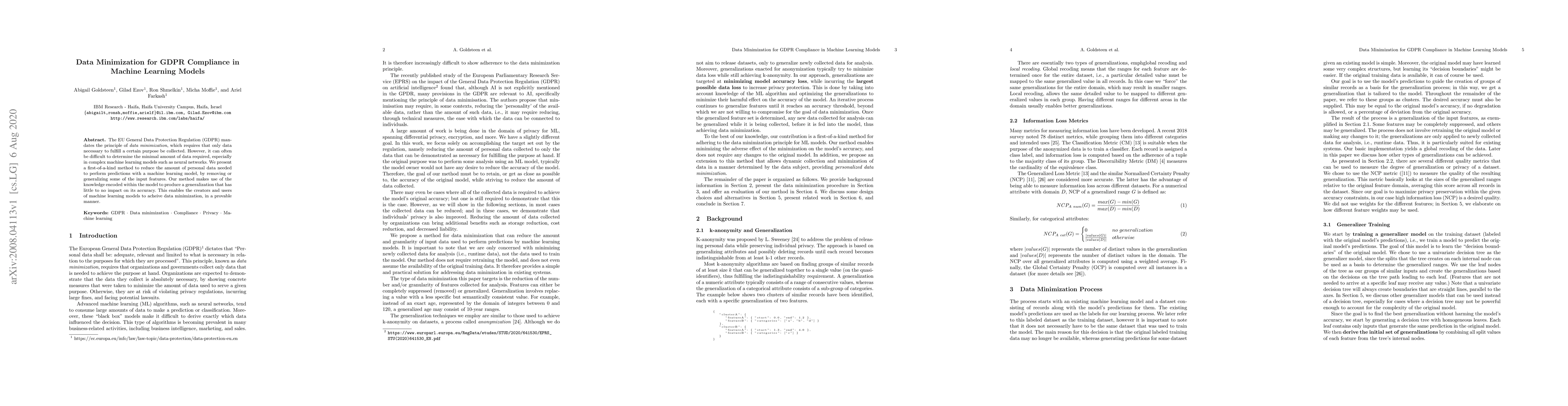 Thumbnail for Data Minimization for GDPR Compliance in Machine Learning Models