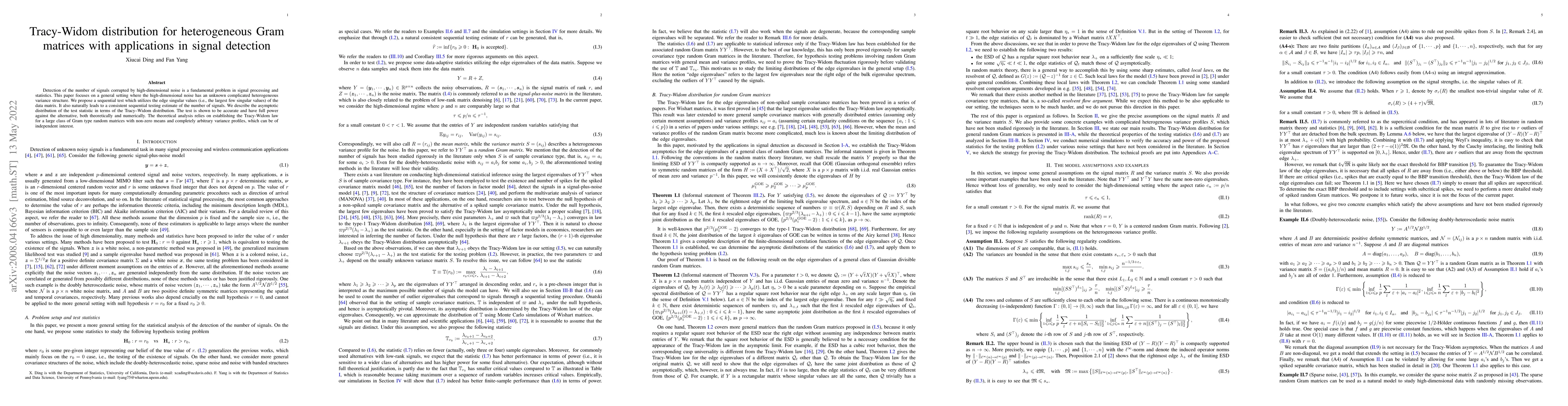 Thumbnail for Tracy-Widom distribution for heterogeneous Gram matrices with
  applications in signal detection