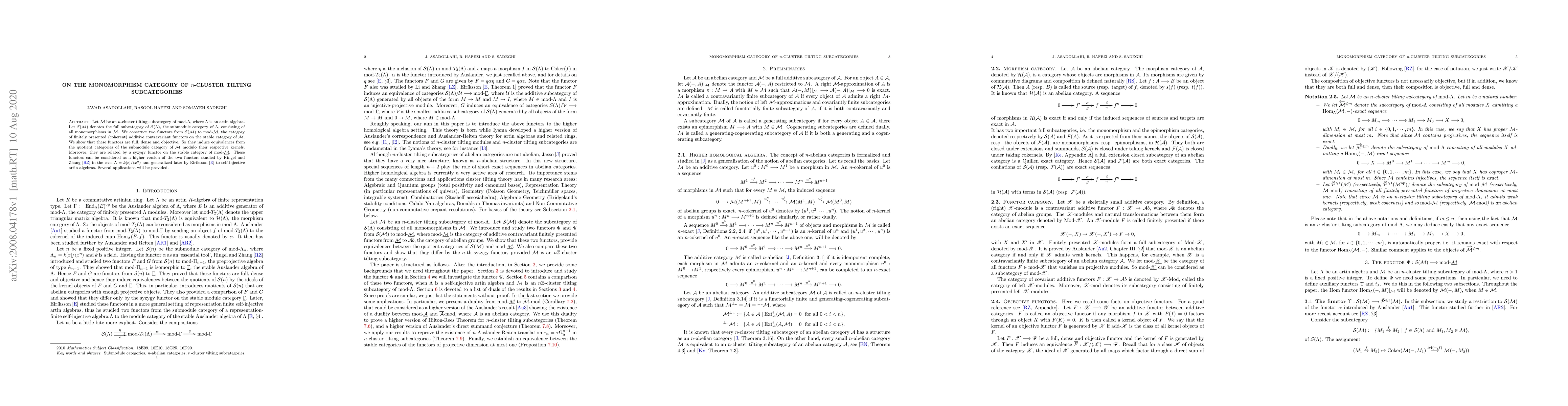 Thumbnail for On the Monomorphism Category of $n$-Cluster Tilting Subcategories