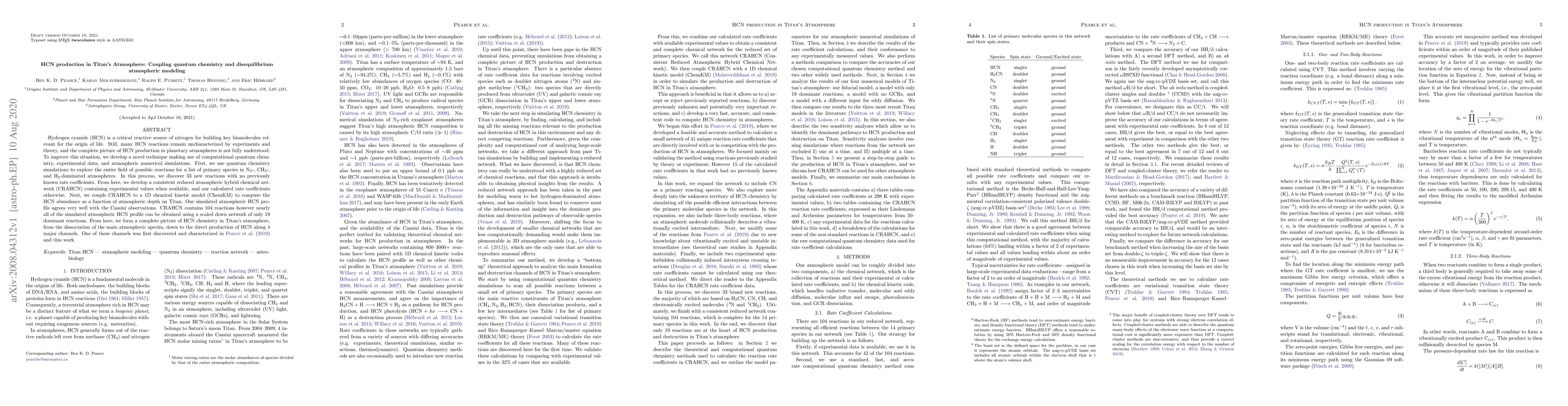 Thumbnail for HCN production in Titan's Atmosphere: Coupling quantum chemistry and
  disequilibrium atmospheric modeling
