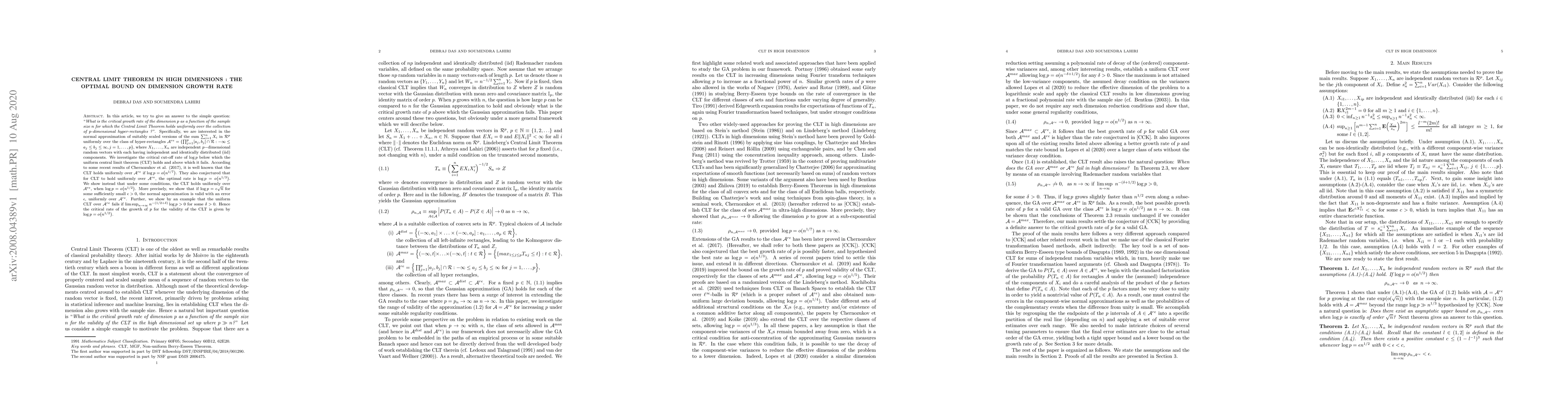 Thumbnail for Central Limit Theorem in High Dimensions : The Optimal Bound on
  Dimension Growth Rate
