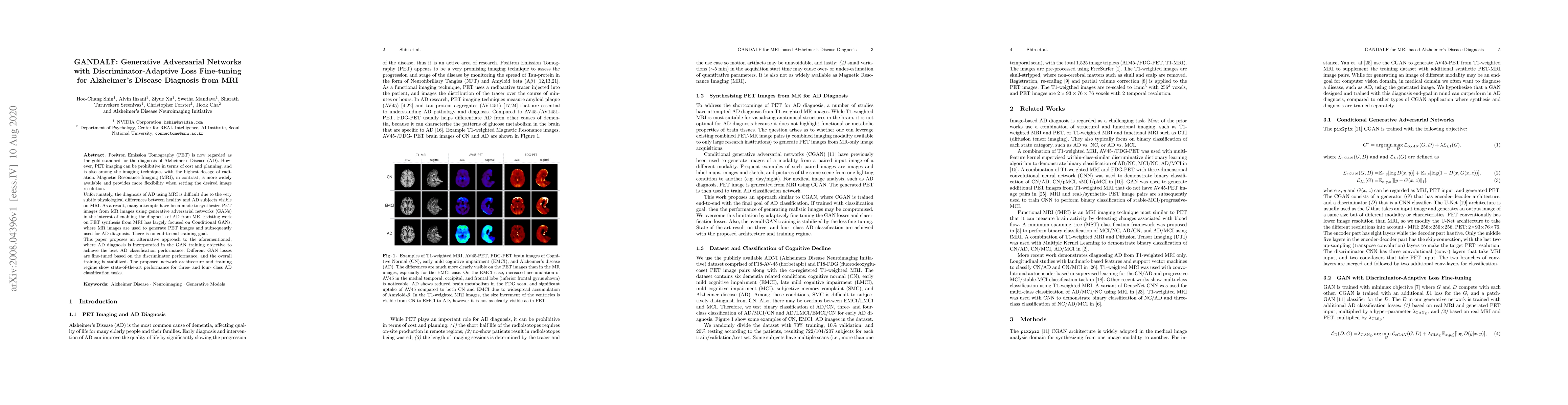Thumbnail for GANDALF: Generative Adversarial Networks with Discriminator-Adaptive
  Loss Fine-tuning for Alzheimer's Disease Diagnosis from MRI