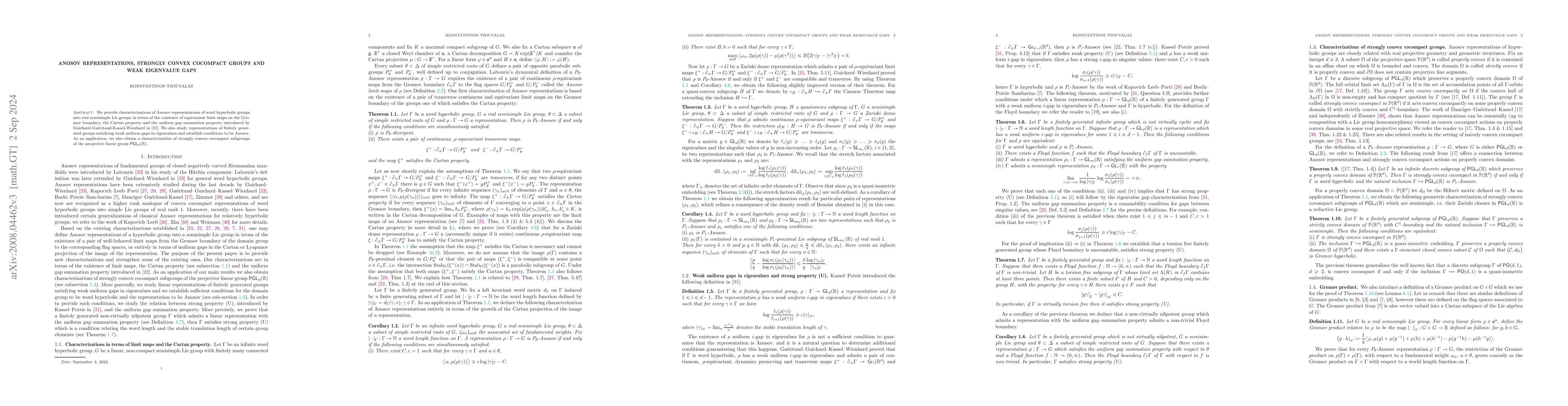 Thumbnail for Anosov representations, strongly convex cocompact groups and weak
  eigenvalue gaps