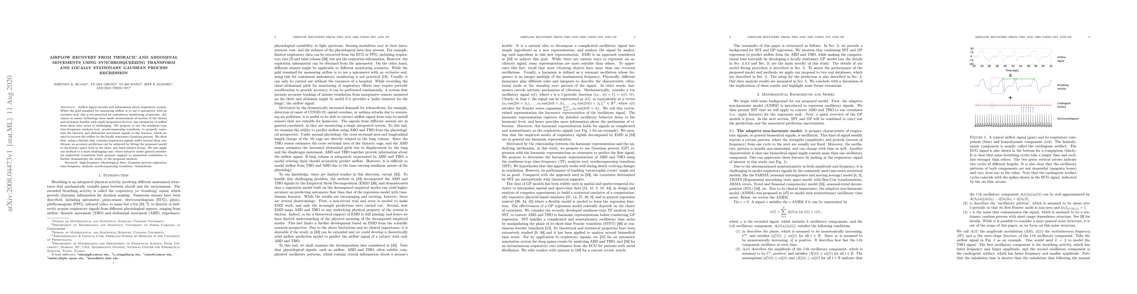 Thumbnail for Airflow recovery from thoracic and abdominal movements using
  Synchrosqueezing Transform and Locally Stationary Gaussian Process Regression