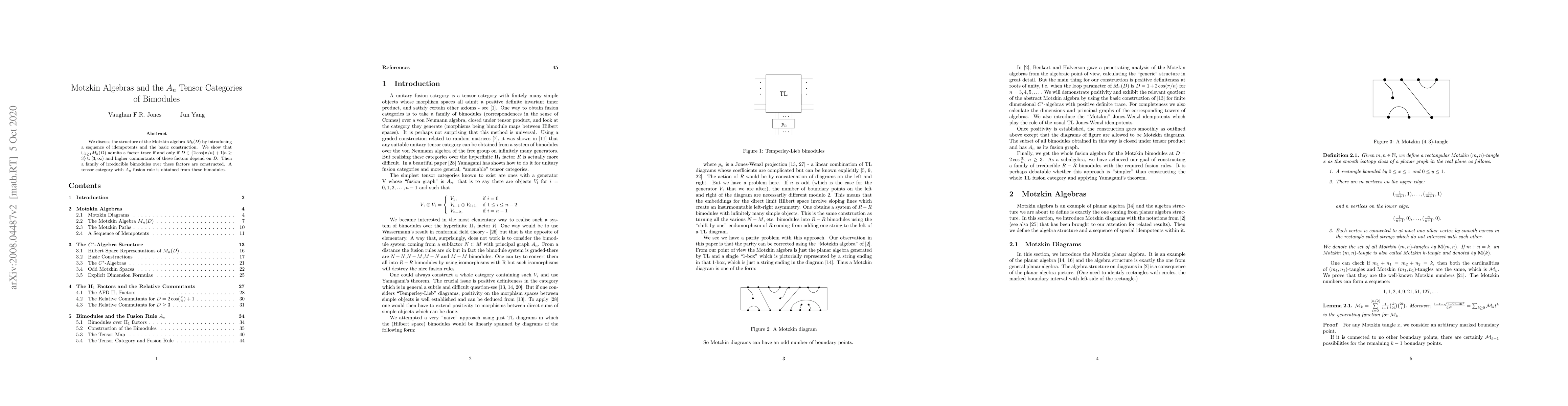 Thumbnail for Motzkin Algebras and the $A_n$ Tensor Categories of Bimodules