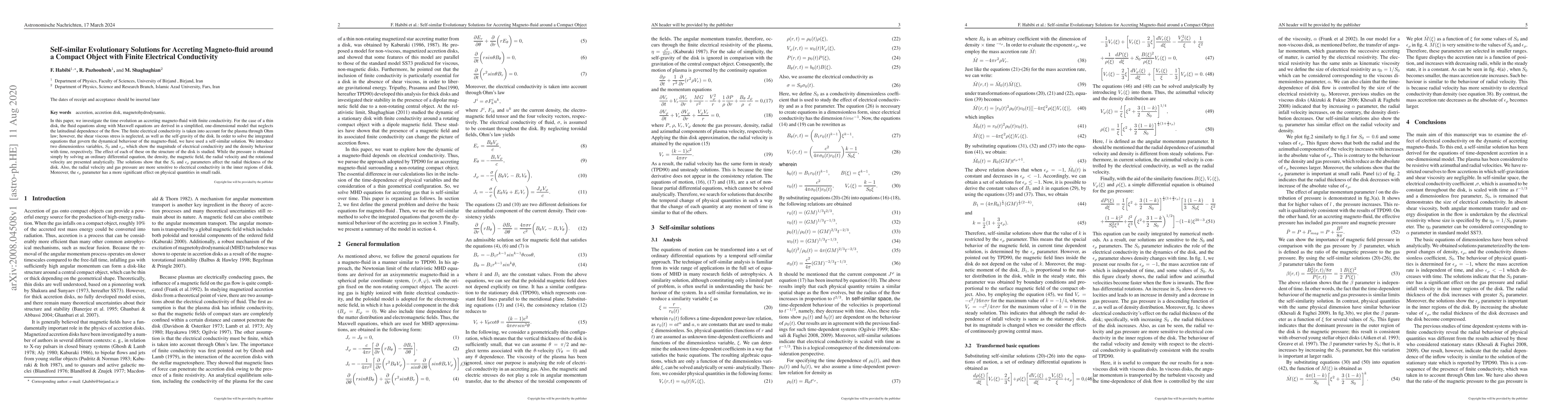 Thumbnail for Self-similar Evolutionary Solutions for Accreting Magneto-fluid around a
  Compact Object with Finite Electrical Conductivity