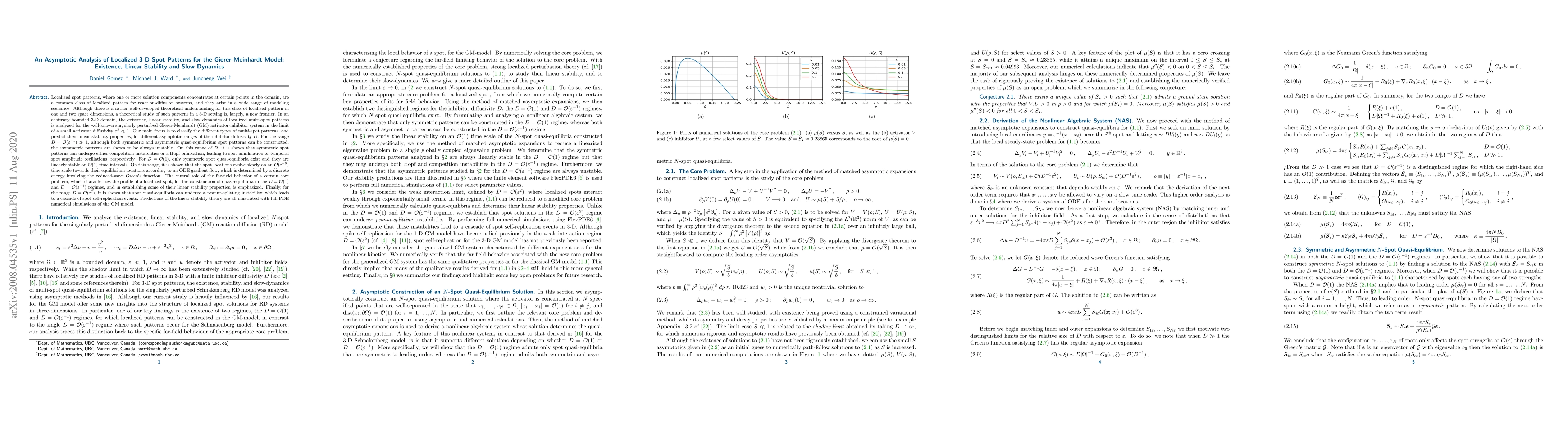 Thumbnail for An Asymptotic Analysis of Localized 3-D Spot Patterns for
  Gierer-Meinhardt Model: Existence, Linear Stability and Slow Dynamics