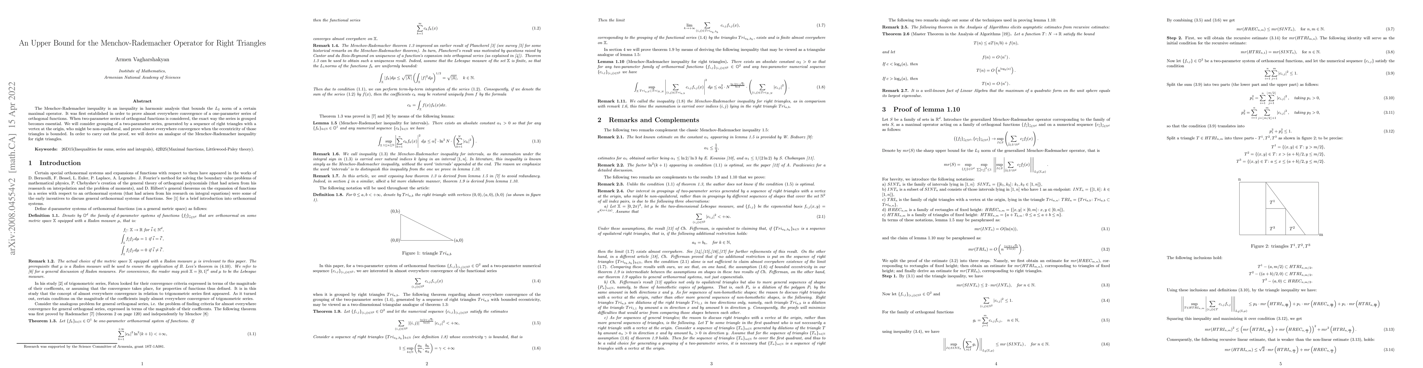 Thumbnail for An Upper Bound for the Menchov-Rademacher Operator for Right Triangles