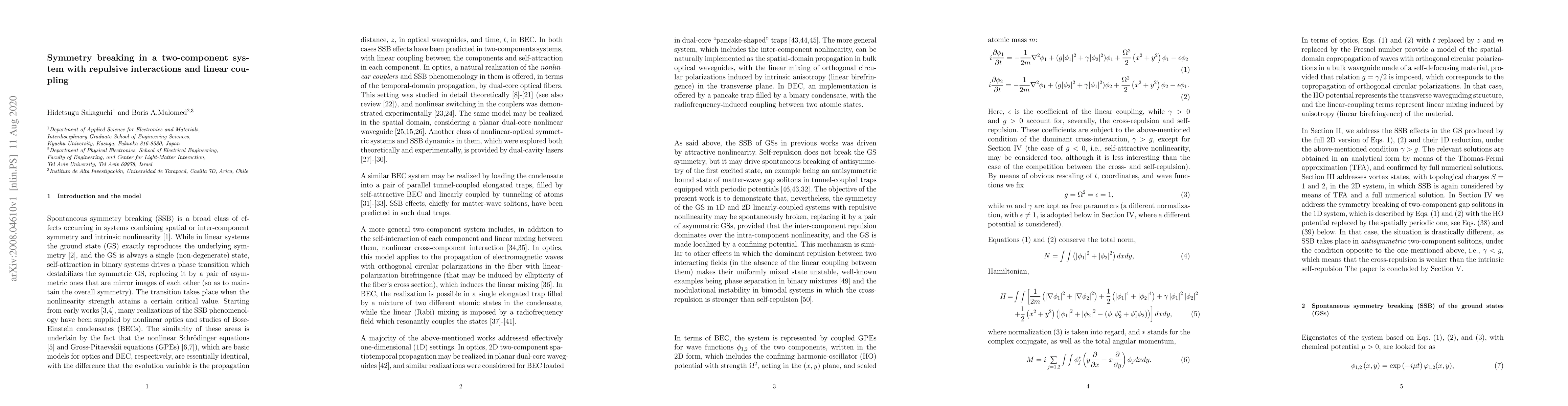 Thumbnail for Symmetry breaking in a two-component system with repulsive interactions
  and linear coupling