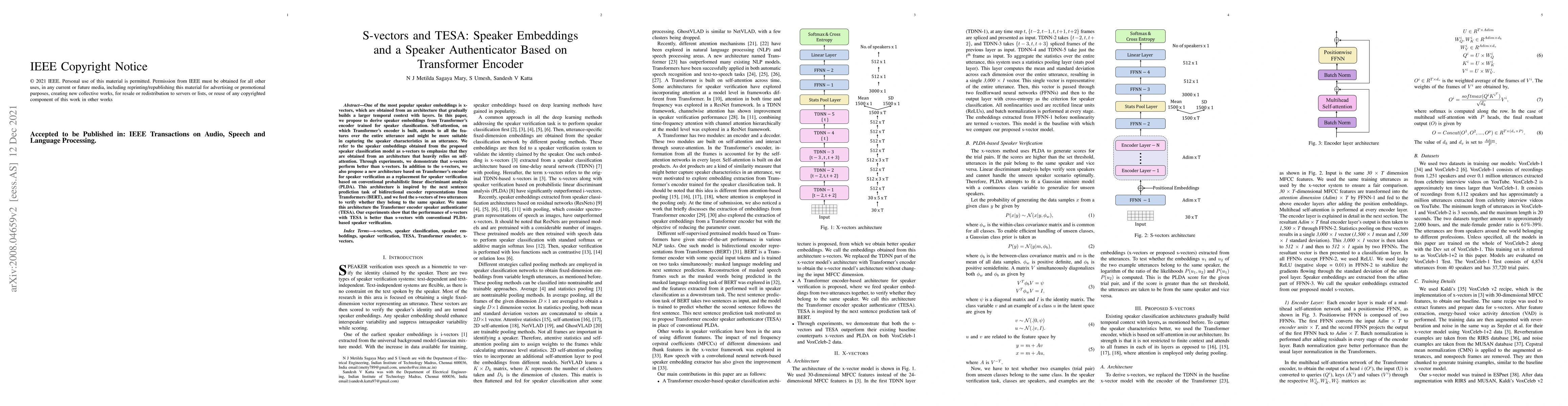 Thumbnail for S-vectors and TESA: Speaker Embeddings and a Speaker Authenticator Based
  on Transformer Encoder