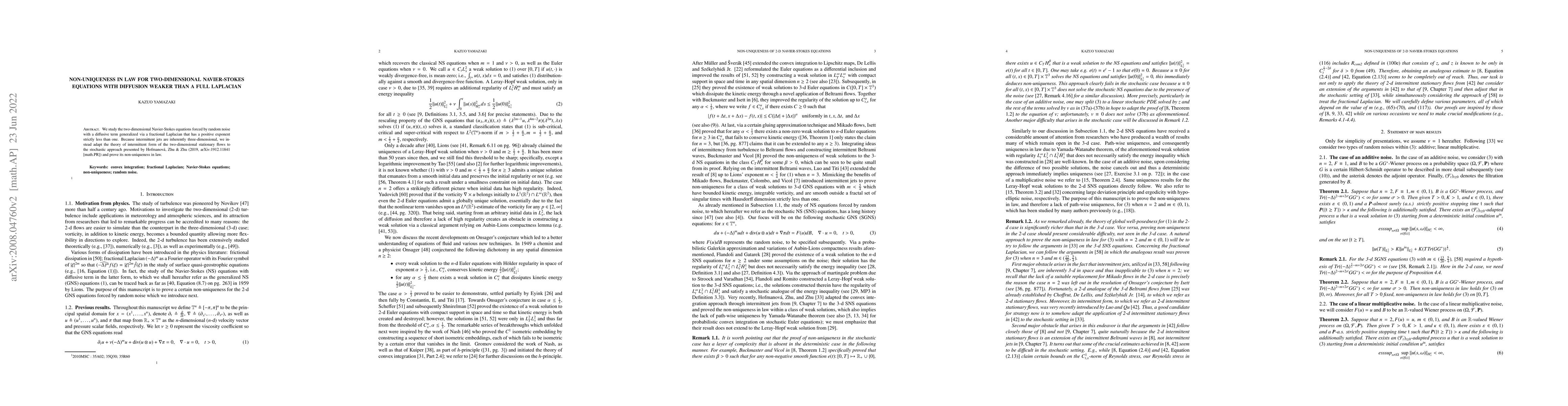 Thumbnail for Non-uniqueness in law for two-dimensional Navier-Stokes equations with
  diffusion weaker than a full Laplacian