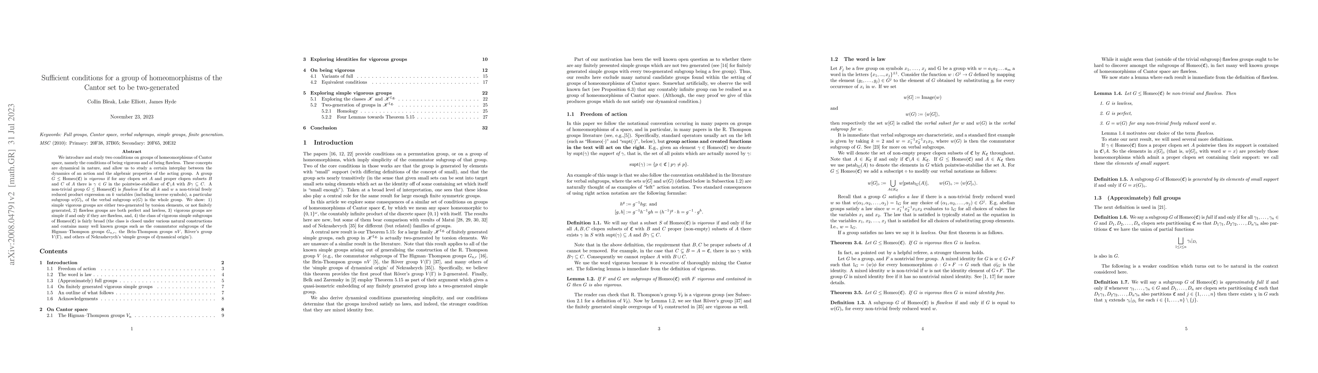 Thumbnail for Sufficient conditions for a group of homeomorphisms of the Cantor set to
  be two-generated