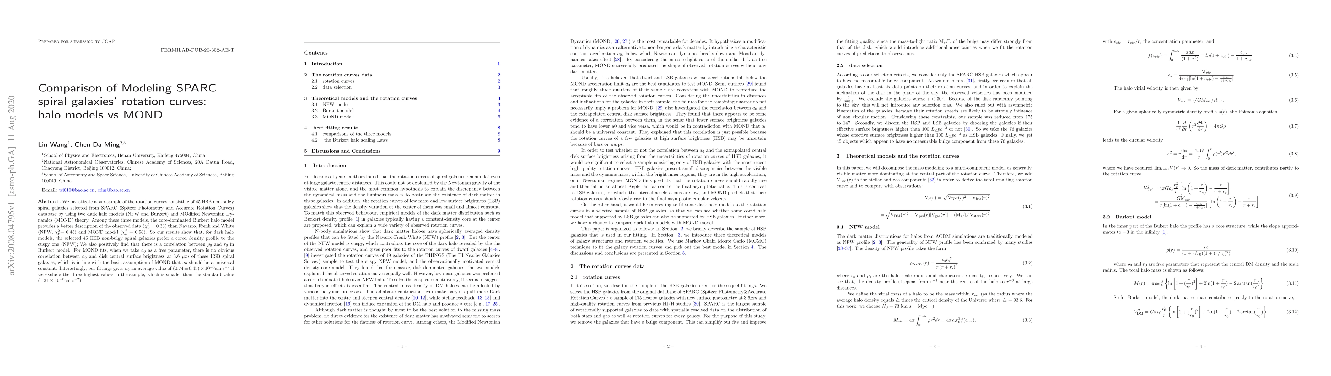 Thumbnail for Comparison of Modeling SPARC spiral galaxies' rotation curves: halo
  models vs MOND