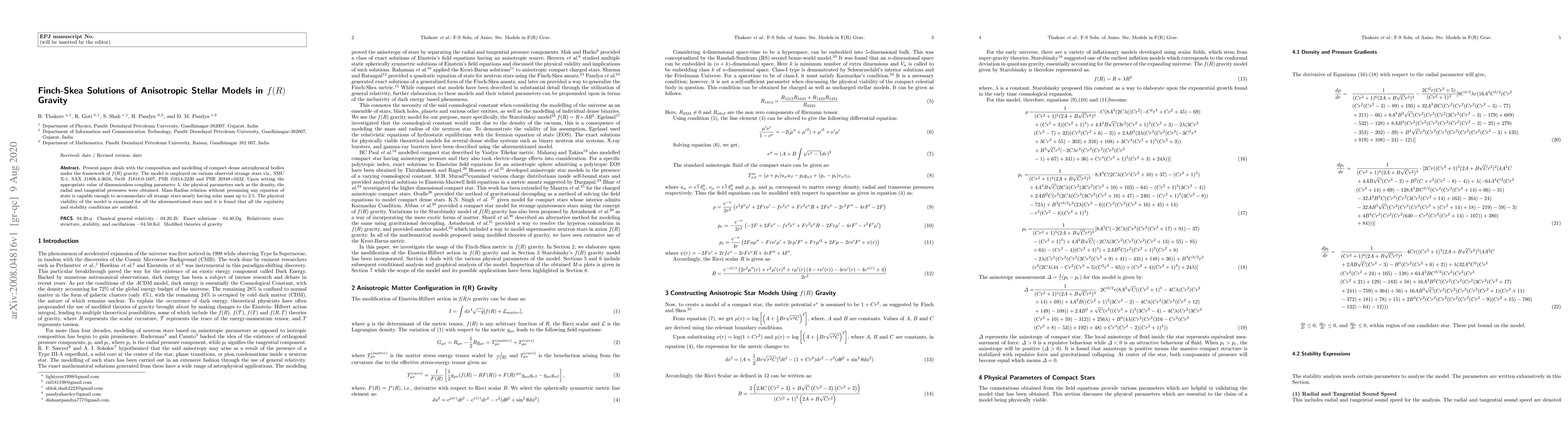 Thumbnail for Finch-Skea Solutions of Anisotropic Stellar Models in $f(R)$ Gravity