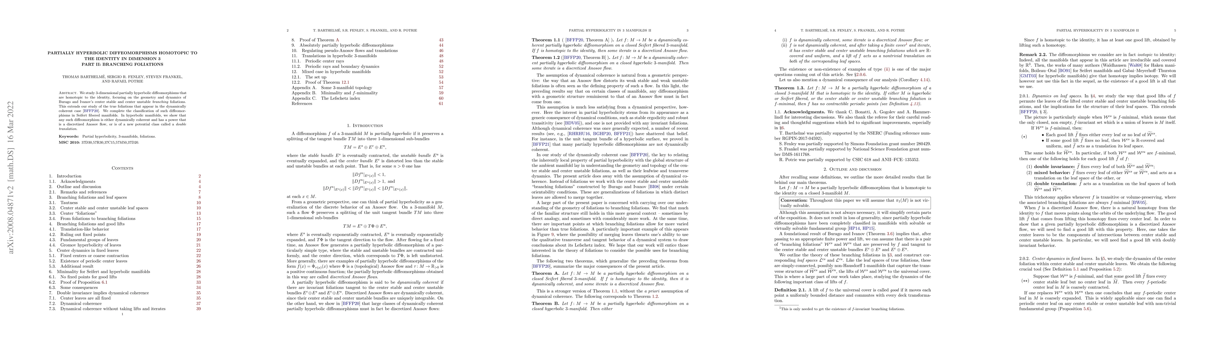 Thumbnail for Partially hyperbolic diffeomorphisms homotopic to the identity in
  dimension 3, Part II: Branching foliations