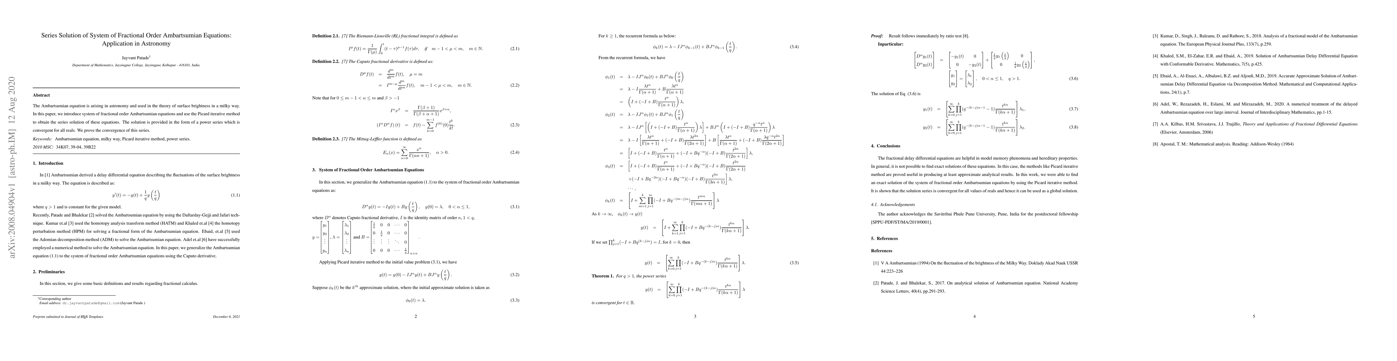 Thumbnail for Series Solution of System of Fractional Order Ambartsumian Equations:
  Application in Astronomy