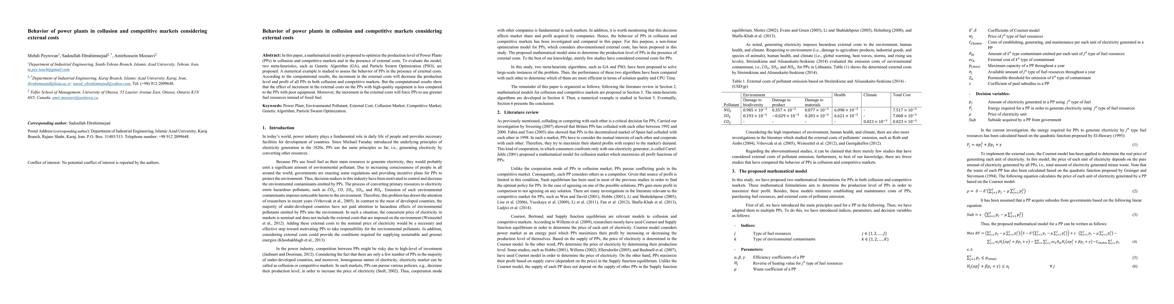 Thumbnail for Behavior of power plants in collusion and competitive markets
  considering external costs