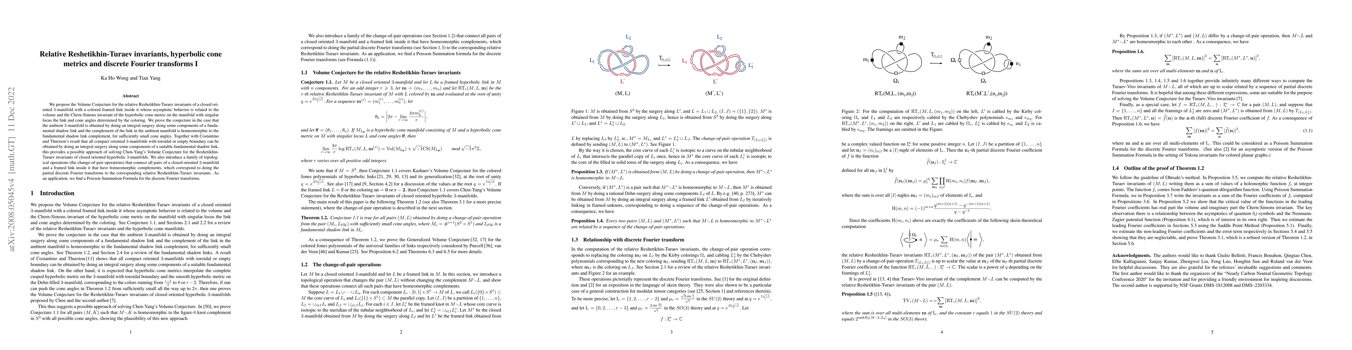 Thumbnail for Relative Reshetikhin-Turaev invariants, hyperbolic cone metrics and
  discrete Fourier transforms I