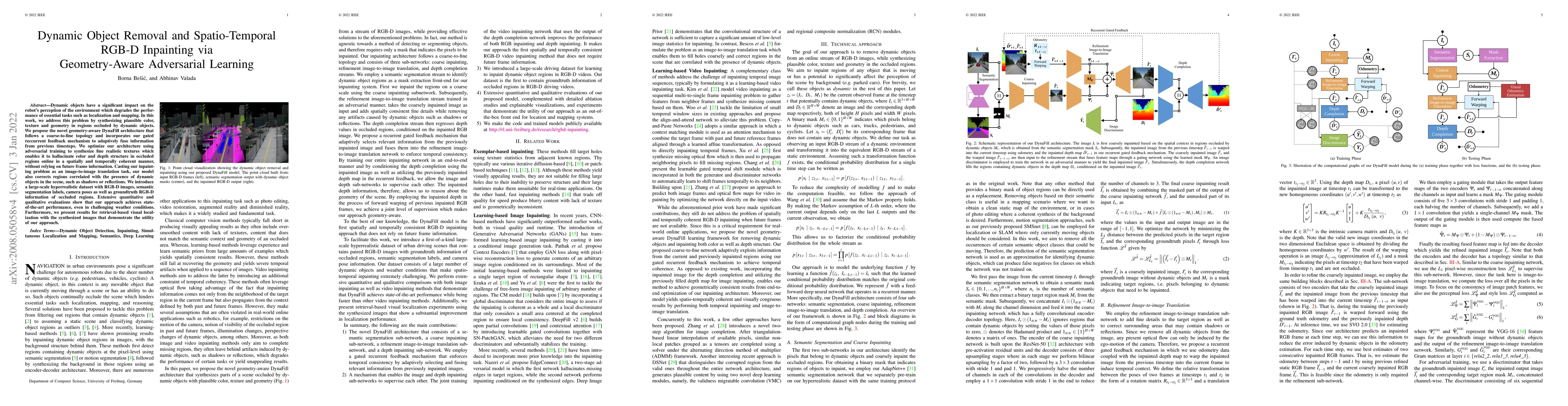 Thumbnail for Dynamic Object Removal and Spatio-Temporal RGB-D Inpainting via
  Geometry-Aware Adversarial Learning